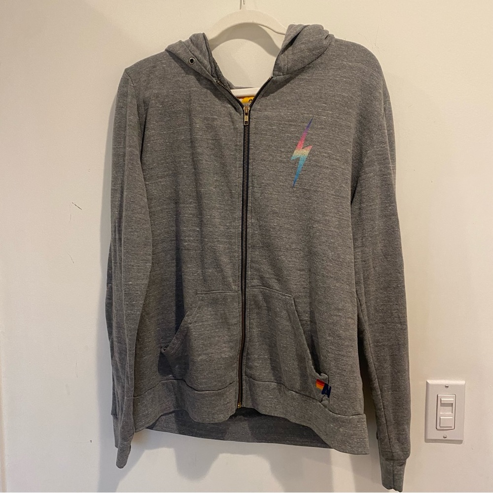 Aviator nation, gray, lightning bolt rainbow zip up hoodie